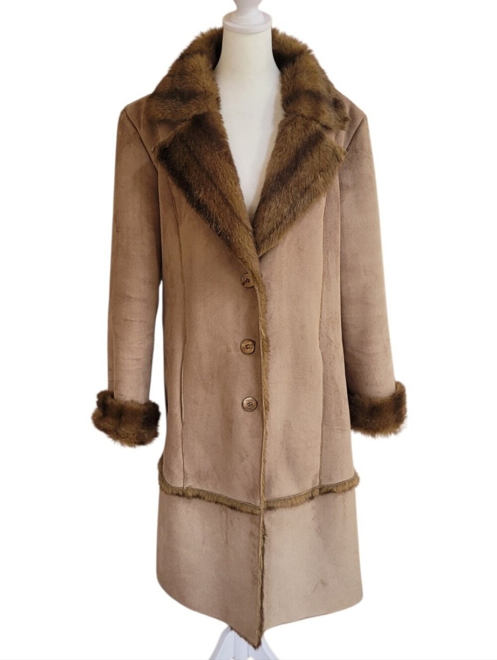Brandon Thomas Vintage Camel Faux Suede Coat Faux Fur Trim Collar Cuffs Size L